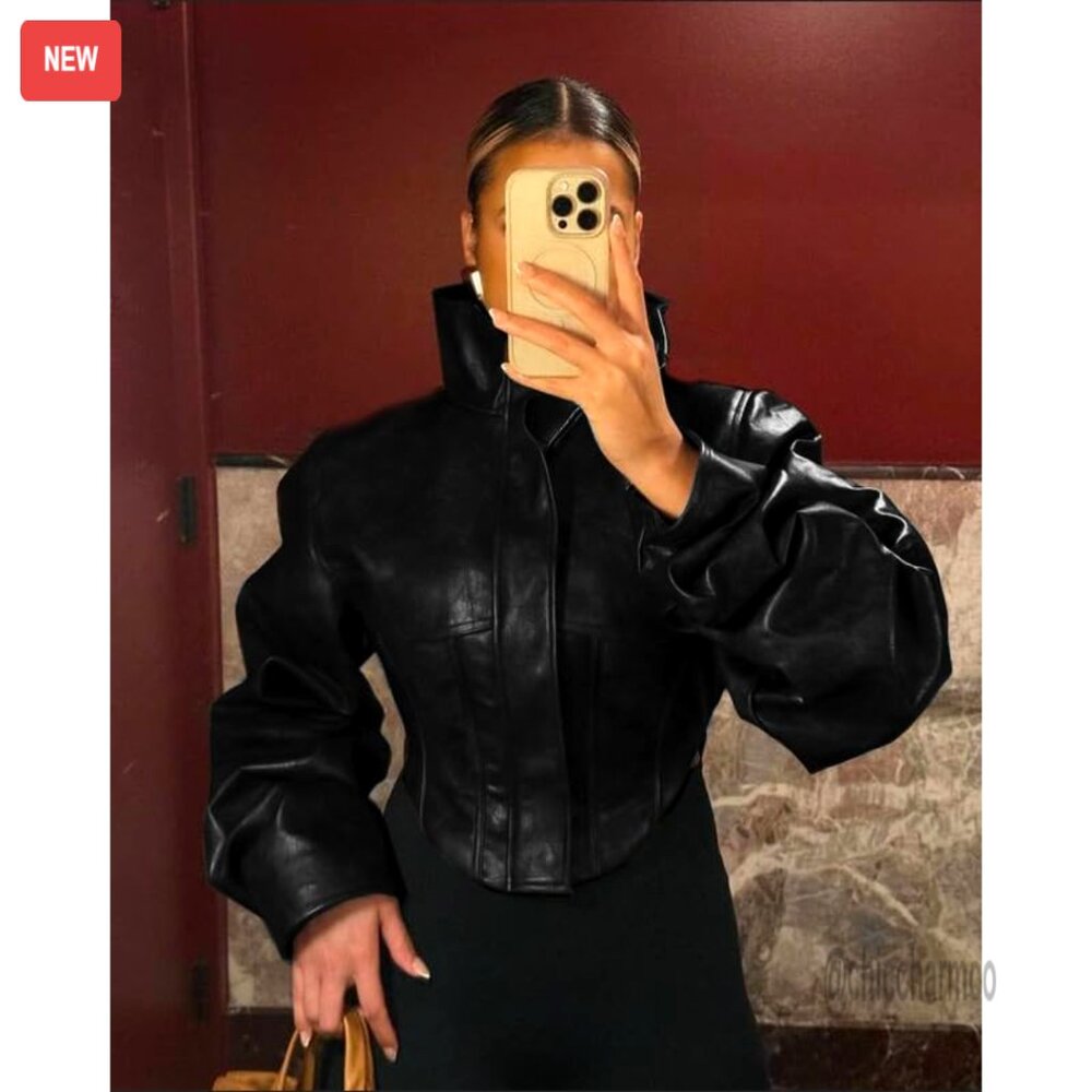 Faux Leather Cropped Bomber Jacket Retro Y2K Streetwear Motorcycle Style - Picture 6 of 7